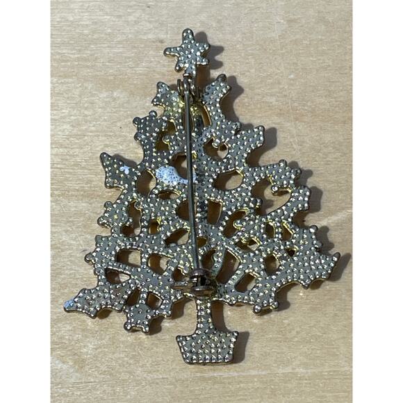 Vintage Christmas Tree Brooch Gold Tone Enamel Rhinestones Holidays - Picture 4 of 4